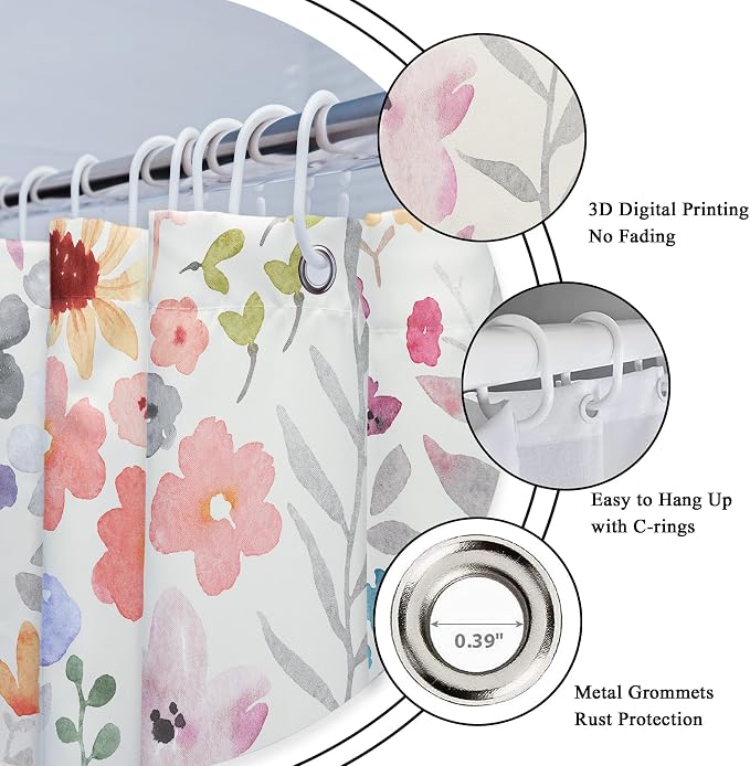 Floral Flower Cute Colorful Extra Long Plants Bathroom Shower Curtain Set | 72"W x 78"H Botanical Pink; waterproof HD print, quick-dry fabric with 12 hooks for easy hanging.
