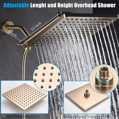 Shower Faucet Set Brushed Gold Rough-in Anti-Scald Pressure Balanced Valve Body Modern Luxury Wall Mounted 10 Inch Rain Mixer Shower System (Brushed Gold)