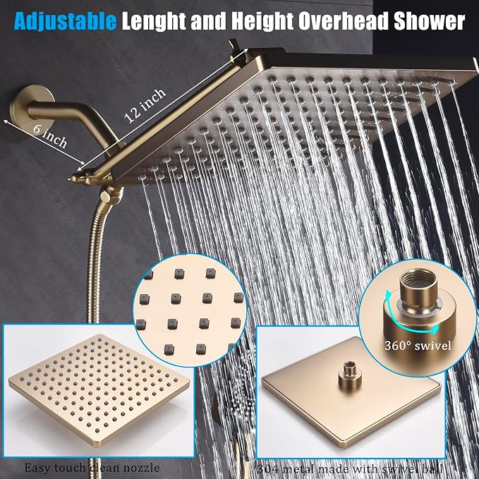 Shower Faucet Set with Tub Spout Brushed Gold 10 Inch Rainfall Shower 4 Setting Spray Mixer Shower System Modern Luxury Wall Mounted Tub Shower Faucet Set Rough-in Valve Body (Brushed Gold)