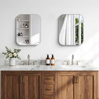 BONEWEI Silver Bathroom Mirror,16x20 inch Wall Mirror for Bathroom Wall Mounted,Rectangle Mirror for Bathroom Over Sink,Modern Frame Round Corner for Living Room,Bedroom Entryway,Horizontal/Vertical