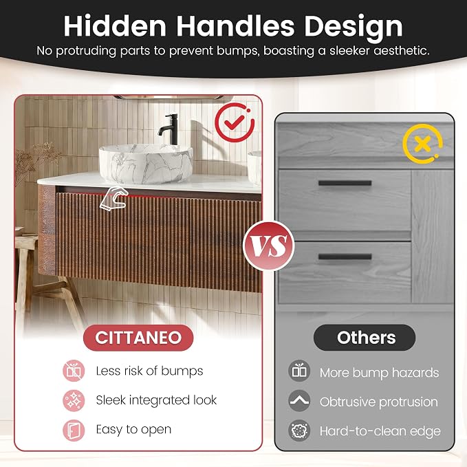 60" Floating Bathroom Vanity with Carrara Finish Sink, Walnut | Pre-Assembled Fluted Wall Mounted Double Sink Vanity with Sintered Stone Countertop, Soft-Close Drawers & Towel Rack