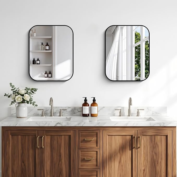 BONEWEI 16x20 inch Bathroom Mirror,Black Rectangle Mirror,Wall Mounted Bathroom Frame Vanity Mirror with Round Corner for Bedroom Living Room,Entryway Hangs Horizontal or Vertical