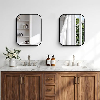 BONEWEI 16x20 inch Bathroom Mirror,Black Rectangle Mirror,Wall Mounted Bathroom Frame Vanity Mirror with Round Corner for Bedroom Living Room,Entryway Hangs Horizontal or Vertical