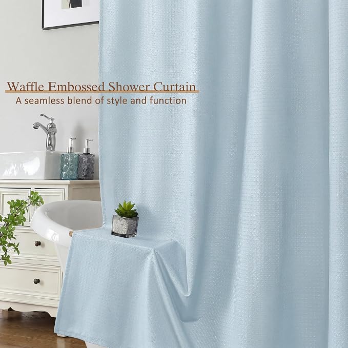 Extra Long Shower Curtain 96 Inch Long 1 Piece, Waffle Embossed Textured Fabric Shower Curtain for Bathroom Large Hotel, Water Resistant, Machine Washable, Glacier Blue, 72Wx96L Inches