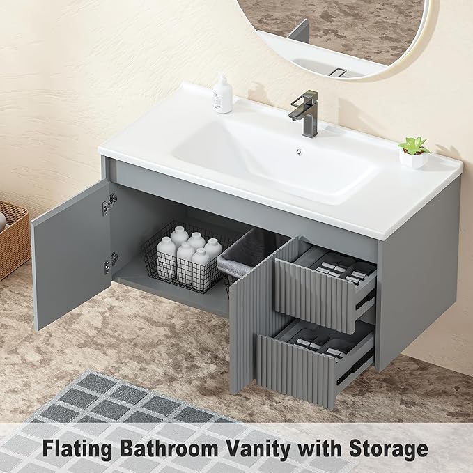 Floating Bathroom Vanity 40 Inch, Wall Mounted Bathroom Vanity with Ceramic Sink and 2 Drawers for Storage, Modern Wave-Carved Design Wooden Sink Cabinet, Grey