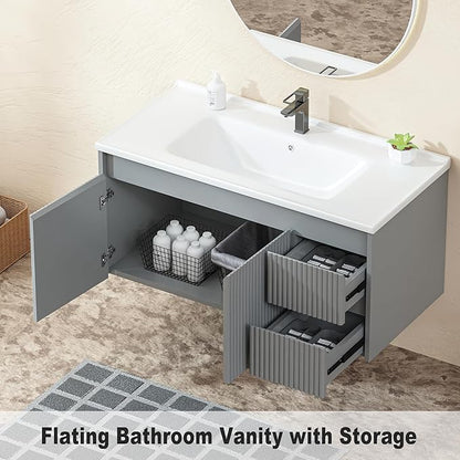 Floating Bathroom Vanity 40 Inch, Wall Mounted Bathroom Vanity with Ceramic Sink and 2 Drawers for Storage, Modern Wave-Carved Design Wooden Sink Cabinet, Grey