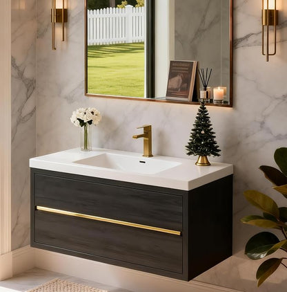 Modern 48" Wall-Mounted Bathroom Vanity with Sink | Floating Storage Cabinet, Stone Resin Countertop, Soft Close Drawers | Espresso Wood