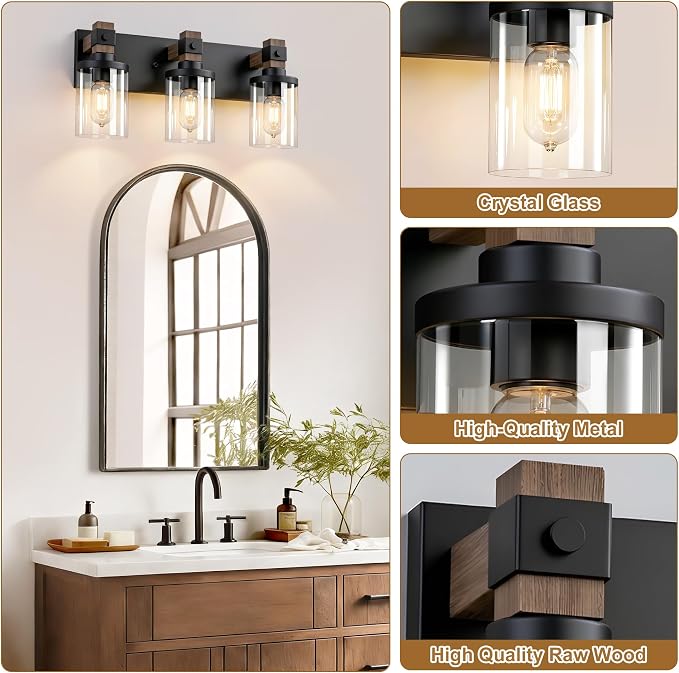 Farmhouse Bathroom Vanity Light Fixture, 3 Light Black Wood Over Mirror | Matte Black Metal & Wood with Clear Glass Shade, 3 Ligh Vanity Light Fixture Over Mirror for Farmhouse Industrial Bathroom