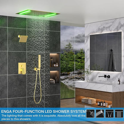 ENGA Dual Rain Shower Head System, 2 In 1 Functions Ceiling Mount 14x20inch LED Shower Head with 6 Inch Shower Head, Rainfall Waterfall Shower Faucet Set, Brushed Gold