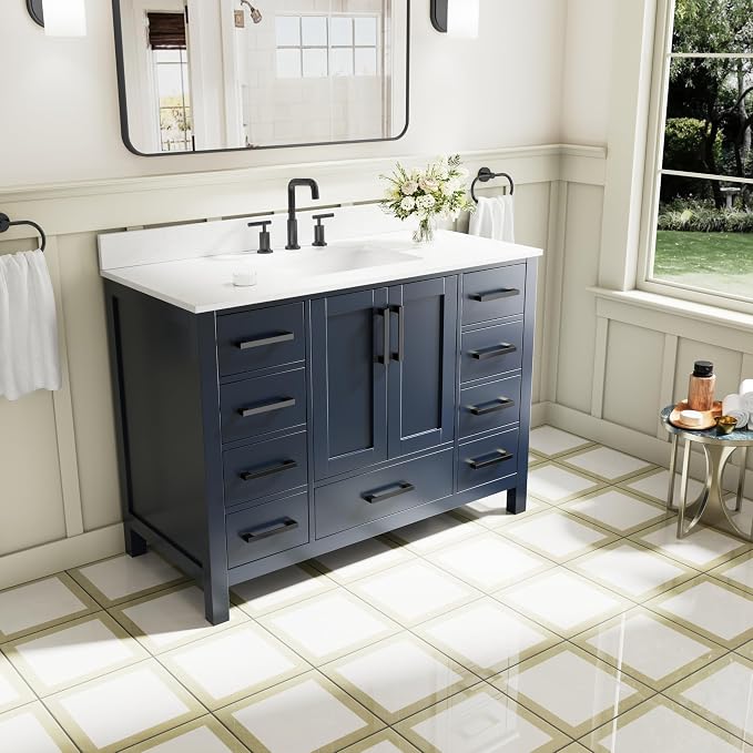 48-Inch Bathroom Vanity with Sink, 2 Soft-Close Doors and 9 Soft-Close Drawers, Bathroom Freestanding Vanity with Cultured Marble Countertop, Bathroom Navy Blue Vanity With Matte Black Handles