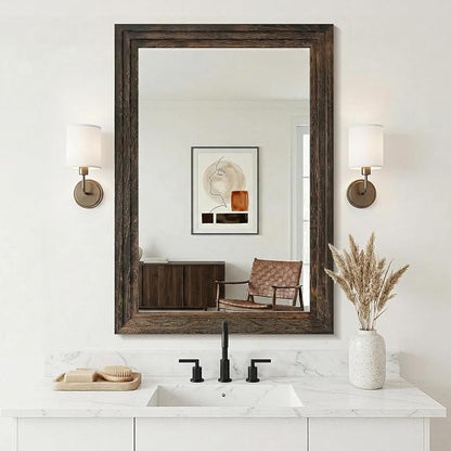 Farmhouse Rustic Wood Framed Bathroom Vanity Mirror for Wall, 26x38, Brown | Recessed Stepped Solid Wood Frame, HD Shatterproof Glass, Vertical/Horizontal Mount, for Bathroom Sink, Living Room, Entryway