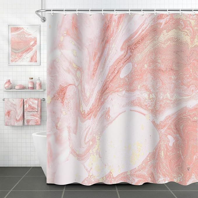 Pink Marble Shower Curtain Modern Abstract Pink and Gold Art Shower Curtains for Bathroom Waterproof Polyester Fabric Bathroom Curtain 72 x 72 Inch with 12 Hooks