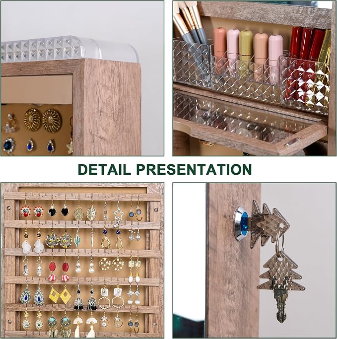 HNEBC Over the Door Jewelry Organizer with LED Lights, 47.2" Full Length Mirror with Storage, Wall Mounted Jewelry Armoire, Hanging Mirror with 2 Drawers,Lokable,3 Shelves(Wood)