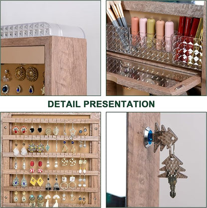HNEBC Over the Door Jewelry Organizer with LED Lights, 47.2" Full Length Mirror with Storage, Wall Mounted Jewelry Armoire, Hanging Mirror with 2 Drawers,Lokable,3 Shelves(Wood)