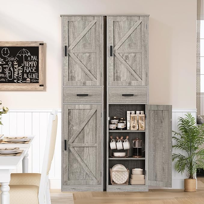 WEENFON Tall Bathroom Cabinet, Storage Cabinet with 6 Shelves & Drawer, Bathroom Storage Cabinet with Adjustable Shelves, Tall Cabinet for Living Room, Home Office, Grey