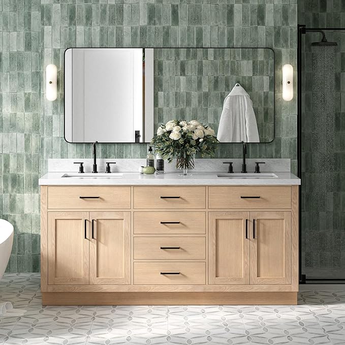 DKB Isabella 72" Oak Double Bathroom Vanity with Sink, 1.5" Carrara White Marble Countertop, Rectangle Undermount Sinks, 4 Soft Closing Doors, 6 Dovetail Drawers