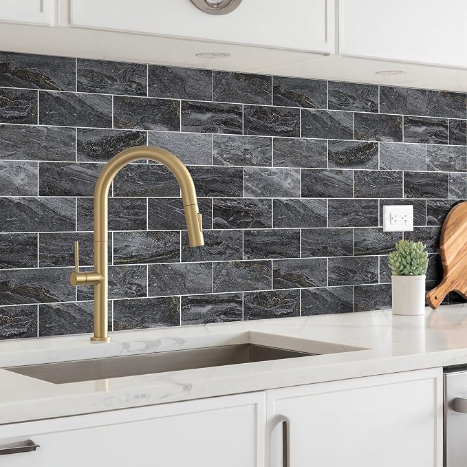 StyloVue 100 Pieces Peel and Stick Backsplash for Kitchen, 3" x 6" PVC Subway Tile 2026 Upgraded Gray-Gold Stone Backsplash Stick on Tile Elevate Kitchen Fireplace RV