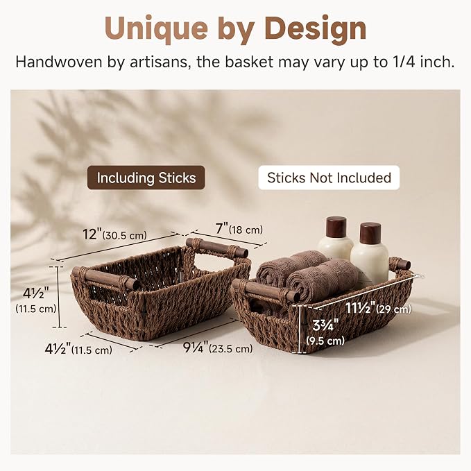 StorageWorks Small Baskets for Organizing, Woven Basket for Shelves | Wicker Storage Baskets for Shelves, Baskets with Wooden Handles, 2-Pack Gifts Basket for Home Decor, Hand-Woven Basket