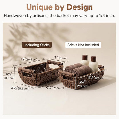 StorageWorks Small Baskets for Organizing, Woven Basket for Shelves | Wicker Storage Baskets for Shelves, Baskets with Wooden Handles, 2-Pack Gifts Basket for Home Decor, Hand-Woven Basket