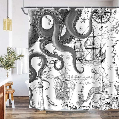 Fungarth Black Gray Nautical Octopus Shower Curtain Grey Mermaid Funny Ocean Kraken Shower Curtains for Bathroom Cool Anchor Coastal Map Waterproof Fabric Bath Curtain with Hooks (Gray, 72” x 72”)