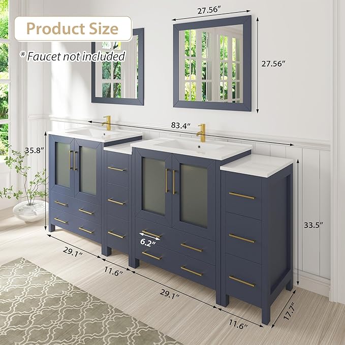 Vanity Art 84 Inch Under Mount Double Sink Bathroom Vanity Cabinet with 2 Mirrors, Ceramic Top Bathroom Cabinet Compact Set with 10 Dovetail Storage Drawers and Gold Finish Handles, VA3030-84B