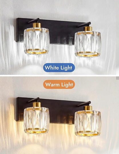 VOLISUN Crystal Vanity Lights for Bathrooms, 2 Light Bathroom Vanity Light, Black and Gold Bathroom Light Over Mirror, Modern Bathrooms Lights Fixtures-UL Certificated(Exclude Bulb)
