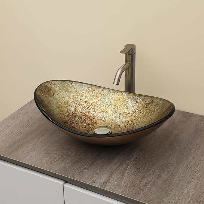 Logmey 21" Glass Bathroom Vessel Sink Vanity Countertop Oval Bowl with Chrome Pop up Drain Set,Glass Art Basin,Blood Plasma Silver Foil