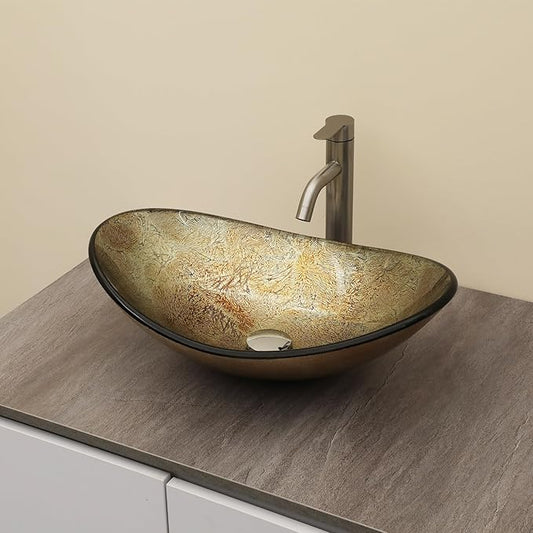 Logmey 21" Glass Bathroom Vessel Sink Vanity Countertop Oval Bowl with Chrome Pop up Drain Set,Glass Art Basin,Blood Plasma Silver Foil