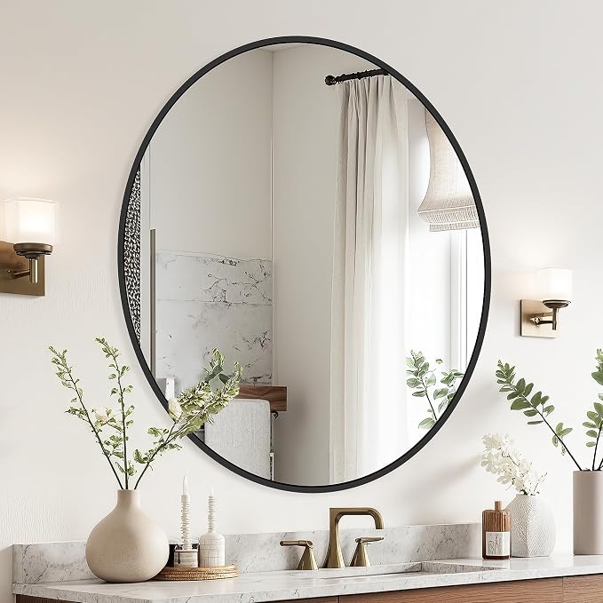 26 Inch Black Round Circle Mirror for Bathroom Wall, Metal Frame | HD tempered glass for clear, distortion-free reflection. Mounting hardware included for vertical or horizontal wall mount.