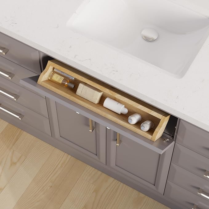 Capri III 60" Single Sink Bathroom Vanity With Stealth Organizer, Solid Wood Bathroom Cabinet with Engineered Stone Countertop & Backspalsh, Soft Closing Door & Drawer, Pre-Assembled, Mink