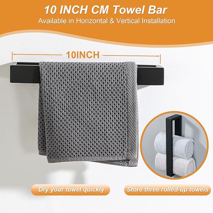 SAYAYO 6-Piece Bathroom Hardware Set Black, Includes 10 Inch Towel Bar | Toilet Paper Holder & 4Pcs Coat Hooks Wall Mount, Towel Racks for Bathroom Accessories Set SUS304 Stainless Steel
