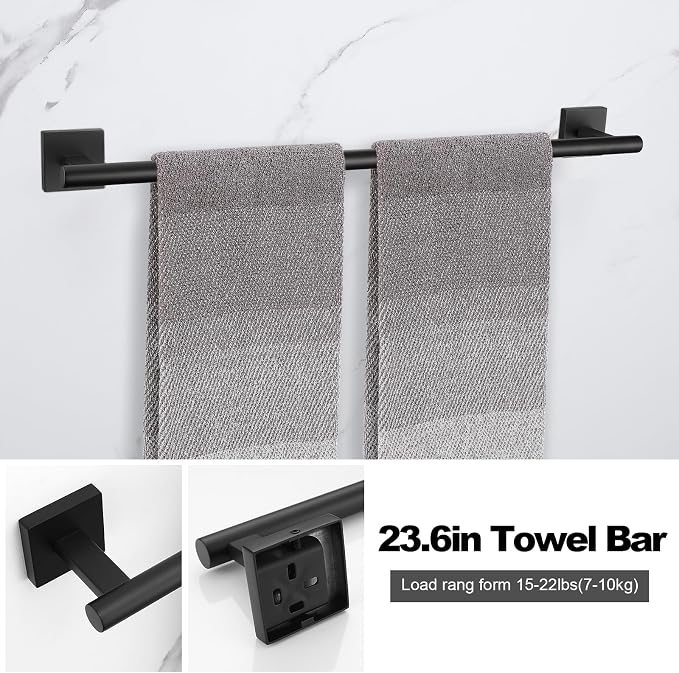Matte Black Towel Bar Set, 5 Pieces Double Dase Toilet Paper Holder Bathroom Hardware Set, 23.6 Inch Stainless Steel Towel Racks for Bathroom Wall Mounted