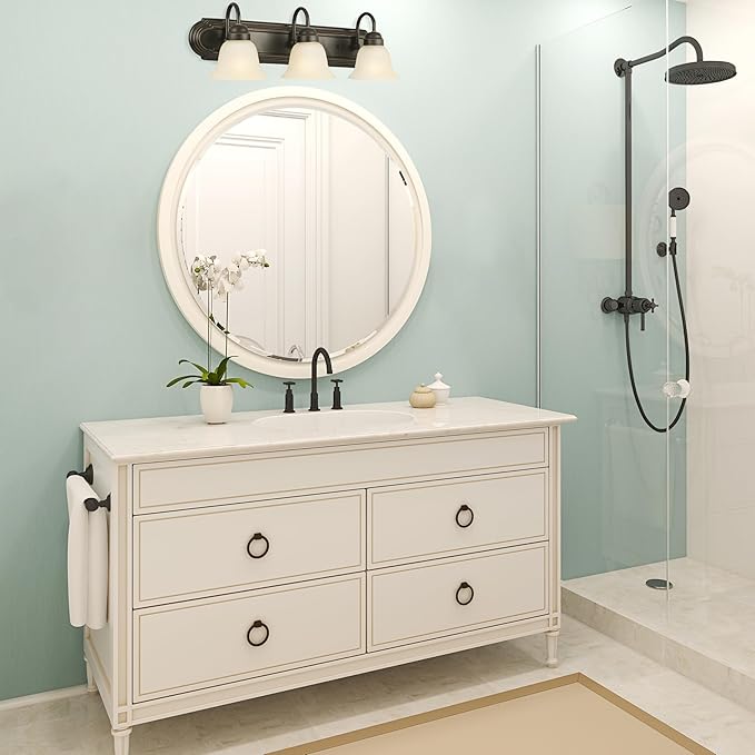 Design House Allante Vanity Light, Dimmable, Frosted Glass, 3 Light, Bathroom, Large Backplate, Easy Installation, Oil Rubbed Bronze, 24 in W x 7.75 in D x 8 in H, Item 506618