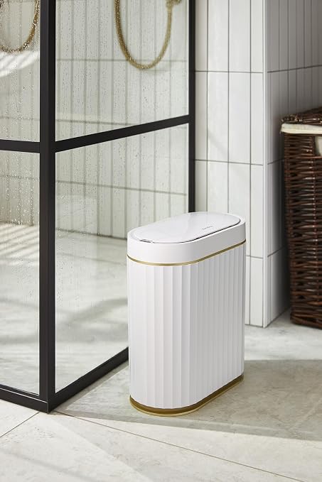 ELPHECO Bathroom Trash Can with Lid, 2 Gallon, Motion Sensor, White Gold | Automatic Garbage Can, IPX5 Waterproof Plastic Wastebasket, Trash Bin for Bathroom, Bedroom, Kitchen and Office