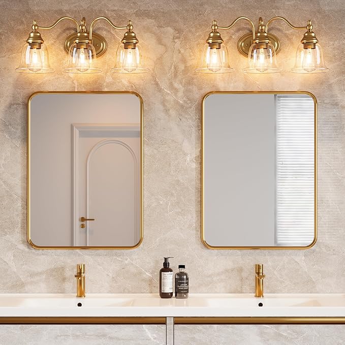 Tribesigns 3-Light Bathroom Light Fixtures, Modern Vanity Light with Clear Glass Shade, Bathroom Wall Lamp for Mirror Living Room Kitchen Hallway Porch, E26 Base, Bulbs Not Included (Gold)