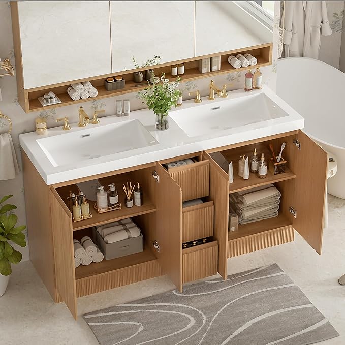 60 Inch Double Bathroom Vanity with Double Sinks, Soft Closing Doors and Drawers, Solid Wood Frame & MDF Modern Fluted Bathroom Sink Cabinet, Freestanding,Natural Wood