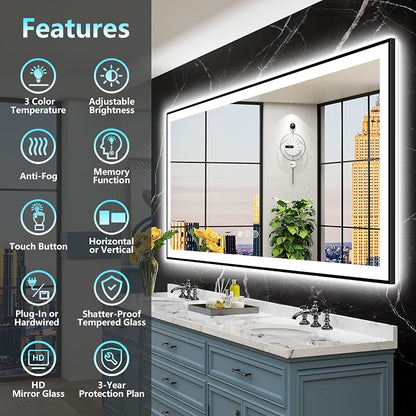 72x40 Black LED Bathroom Mirror, Backlit & Front Lit Lighted Mirror | Metal Framed Anti-Fog Vanity Mirror with Lights, 3 Color Dimmable, Memory, HD Tempered Glass, CRI95, UL Listed, Wall Mounted