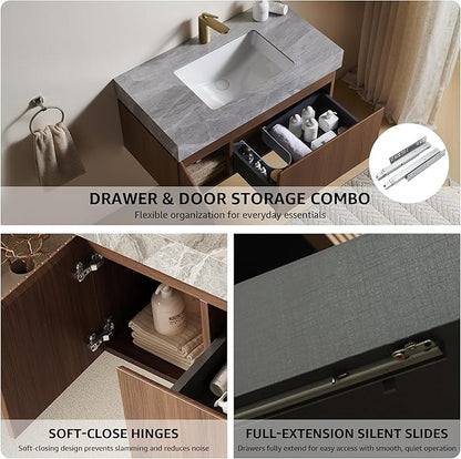 36” Floating Bathroom Vanity with Sink, Wall-Mounted Cabinet with Drawer & Doors, Gray Travertine-Pattern Sintered Stone Top, Undermount Basin, Single Faucet Hole, Soft-Close, Pre-Assembled, Brown Oak
