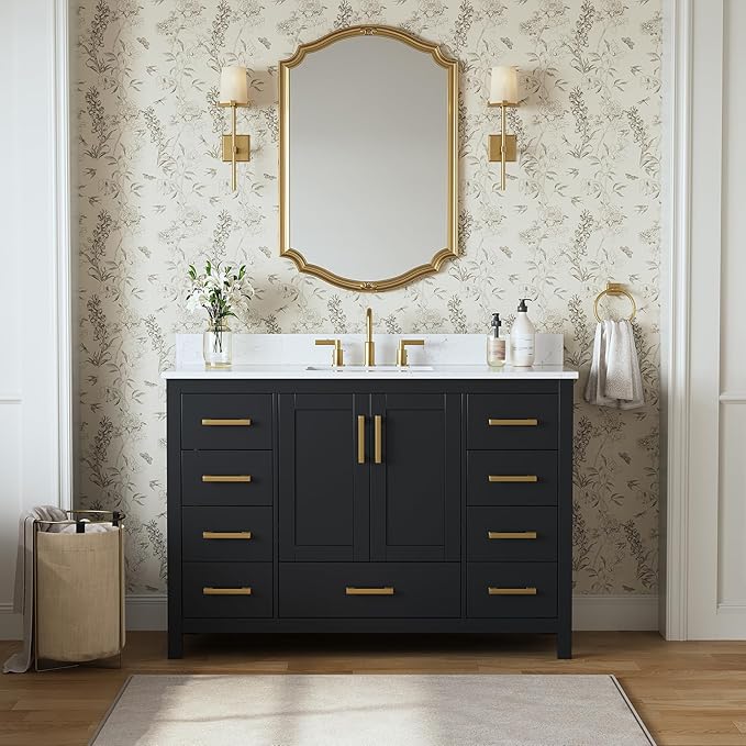 48 Inch Black Bathroom Vanity with Sink, Fully Assembled Bathroom Vanities Storage Cabinet with 2 Soft Close Doors & 7 Fully Extendable Drawers, Carrara Engineered Stone Top, Backsplash