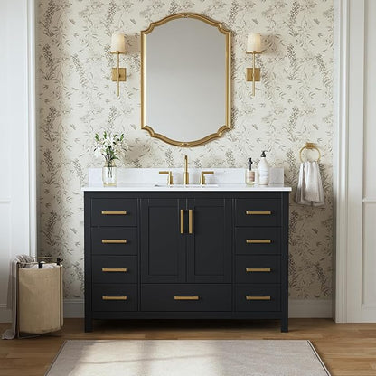 48 Inch Black Bathroom Vanity with Sink, Fully Assembled Bathroom Vanities Storage Cabinet with 2 Soft Close Doors & 7 Fully Extendable Drawers, Carrara Engineered Stone Top, Backsplash