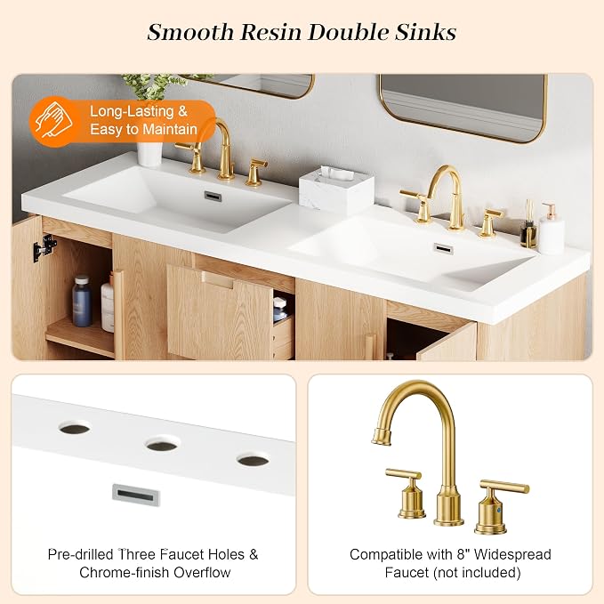 60 Inch Double Bathroom Vanity with Double Sinks, Soft Closing Doors and Drawers, Solid Wood Frame & MDF Modern Bathroom Sink Cabinet, Freestanding, Nature Wood