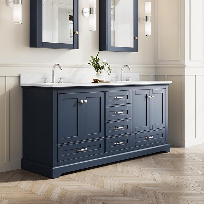 WELLFOR 72 Inch Bathroom Vanity with Double Sinks, Solid Wood Bathroom Vanity W/4 Soft-Close Doors and 6 Drawers, Cultured Marble Countertop Bathroom Vanities W/Two Sinks, (Navy Blue)