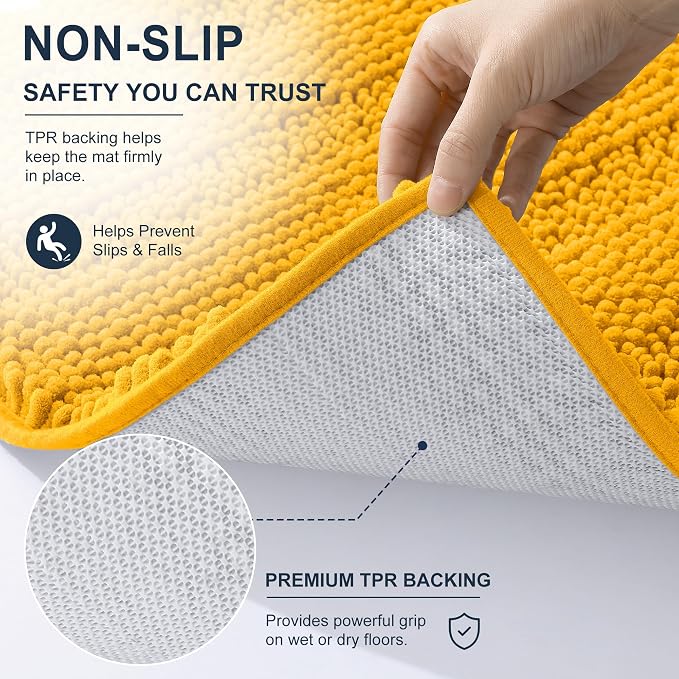 Smiry Thick Chenille Bathroom Rugs 36x24, Absorbent Bath Mat, Golden Yellow | Quick‑Dry & Machine Washable, Non‑Slip Bath Carpet, Soft Striped Bath Rugs for Tub & Shower, Modern Home Decor Accessories