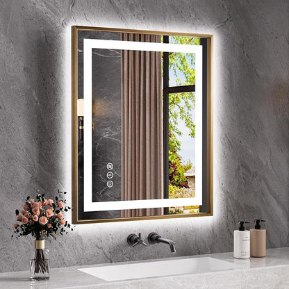 36"X30" LED Bathroom Mirror with Front Lit and Backlit(Brushed Gold) | Metal Framed Mirror, Stepless Dimmable, Anti-Fog, HD Reflection, Shatter-Proof, Memory, 3 Colors, Double LED Vanity Mirror.
