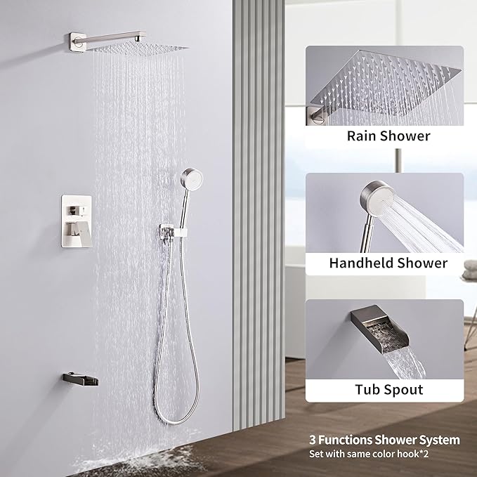 Brushed Nickel Shower Tub Faucet Set, Wall Mounted 10 Inch Shower Heads with Handheld Spray Combo and Tub Shower Faucet, Luxury Bathroom Square Rain Shower System - 4 Hooks