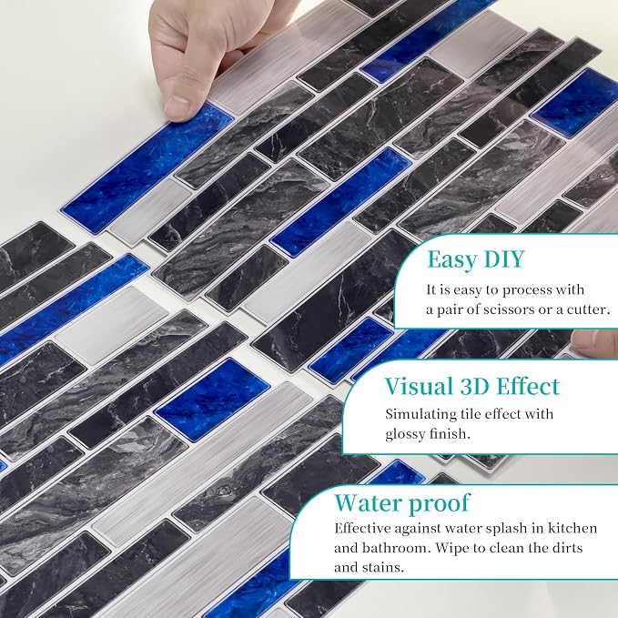 Alwayspon 10 Sheets 12" x12inch Blue Marble Effect Vinyl Tiles, Backsplash, Self-Adhesive Peel and Stick Wall Tile Stickers, Stick on Subway Tiles for Kitchen Bathroom Wall Decor