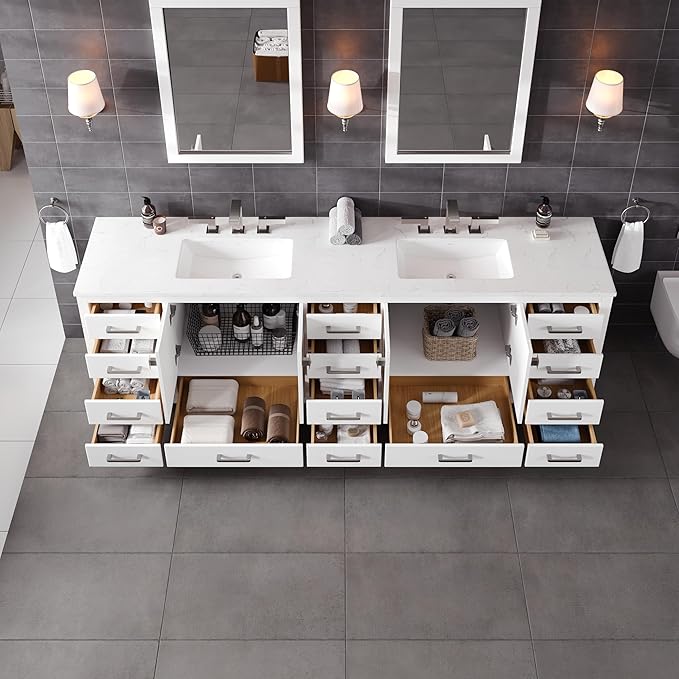 Eviva Aberdeen 96 in. White Double Sink Bath Vanity with Carrara Quartz Top and Undermount Porcelain Sinks