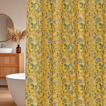 Yellow Floral Bird Shower Curtain 72x84, Hummingbird Jungle Botanical Shower Curtains, Victorian Vintage Farmhouse Chic French Country Style