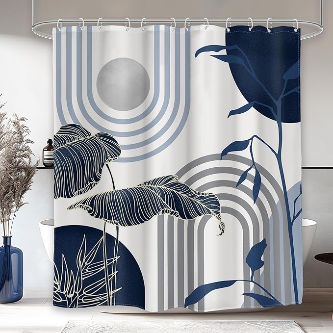 Glawry Mid Century Abstract Shower Curtain Blue Grey Boho Palm Tree Leaf Sun Arch Minimalist Geometric Bathroom Modern Aesthetic 60Wx72L Inches Bath Accessories Art Home Decor Fabric 12 Pack Hook