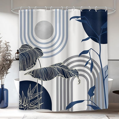 Glawry Mid Century Abstract Shower Curtain Blue Grey Boho Palm Tree Leaf Sun Arch Minimalist Geometric Bathroom Modern Aesthetic 60Wx72L Inches Bath Accessories Art Home Decor Fabric 12 Pack Hook